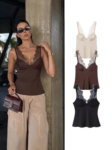 Caraco Décontracté en Texture de Satin Patchwork en Dentelle Col V pour Femmes Top Sexy Sans Manches Slim Court de Mode