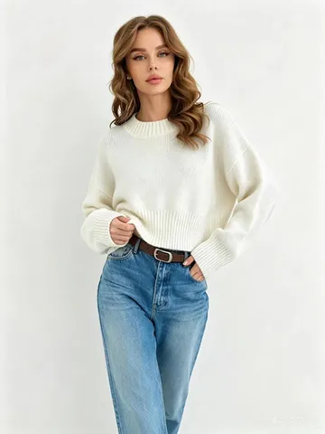 Women Casual Short Knit Sweater Long Sleeve Crew Neck Pullover Soft Acrylic Fall Winter Basic Solid Tops