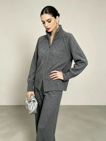 Damen Casual Strickset Langarm Cardigan Durchgehendem Reißverschluss Weite Hosen Elegant Pendeln Warmer Herbst Winter Anzug