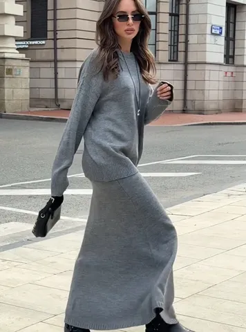 Women's Autumn Winter Casual Acrylic Blend Knitted Sweater And Midi Skirt Set Long Sleeve Pullover Matching Outfit