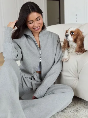 Ensemble Pull en Tricot Décontracté et Pantalon Large pour Femmes Couleur Unie Manches Longues Col Montant Double Fermeture Éclair Cardigan Tenue Deux Pièces