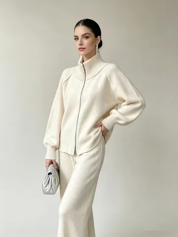 Damen Casual Strickset Langarm Cardigan Durchgehendem Reißverschluss Weite Hosen Elegant Pendeln Warmer Herbst Winter Anzug