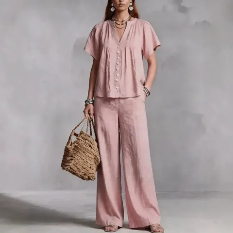 Women Casual Cotton Linen Blend V-Neck Short Sleeve Top And Wide Leg Pants Set Summer Beach Vacation Outfit