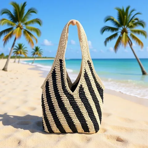 Casual Striped Straw Woven Shoulder Bag Large Capacity Paper Rope Tote Bag Beach Vacation Handbag For Women