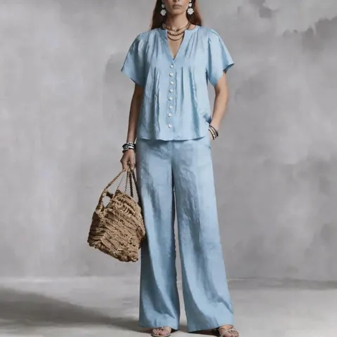 Women Casual Cotton Linen Blend V-Neck Short Sleeve Top And Wide Leg Pants Set Summer Beach Vacation Outfit