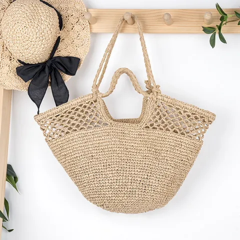 Women's Large Capacity Straw Woven Bag Hollow Double Handle Casual Beach Tote Bag Vintage Summer Vacation Handbag