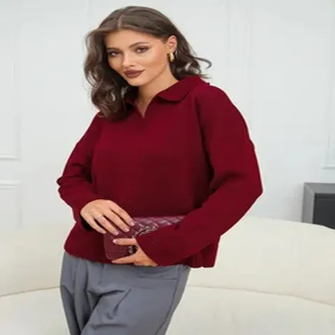 Damen Casual Herbst Winter Locker Strickpullover Stehkragen Langarm Pullover Pendler-Stil Acryl Tops