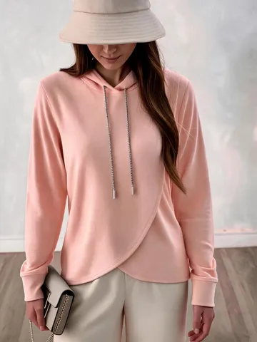 Women's Casual Hooded Sweatshirt Long Sleeve Loose Pullover Fleece Lined Top With Drawstring Irregular Hem