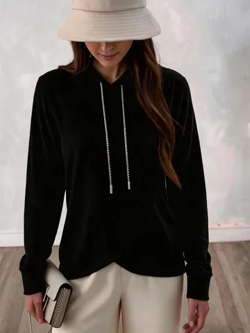 Women's Casual Hooded Sweatshirt Long Sleeve Loose Pullover Fleece Lined Top With Drawstring Irregular Hem