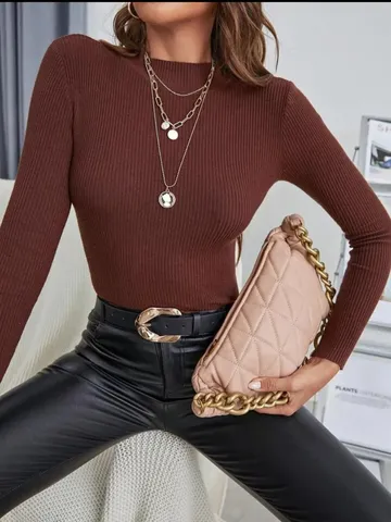 Women's Casual Acrylic Knit Sweater Slim Fit Mock Neck Long Sleeve Pullover Fall Winter Solid Color Basic Top