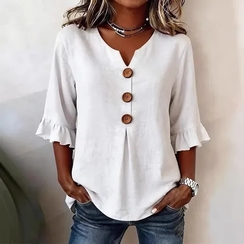 Women's Casual V-Neck Cotton Linen Blouse Solid Color Ruffle Three Quarter Sleeve Pullover Loose Fit Summer Tops