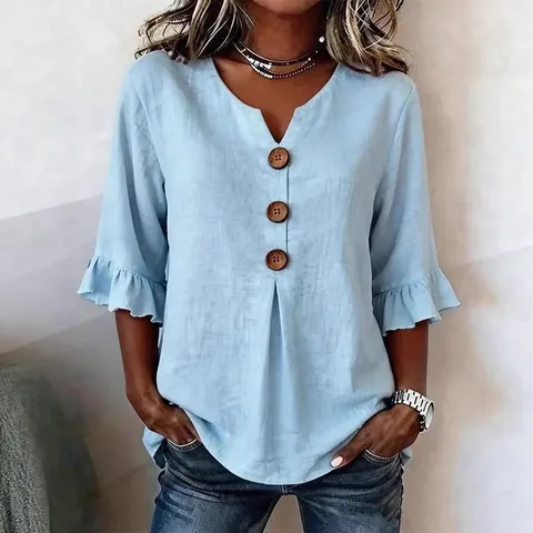Women's Casual V-Neck Cotton Linen Blouse Solid Color Ruffle Three Quarter Sleeve Pullover Loose Fit Summer Tops