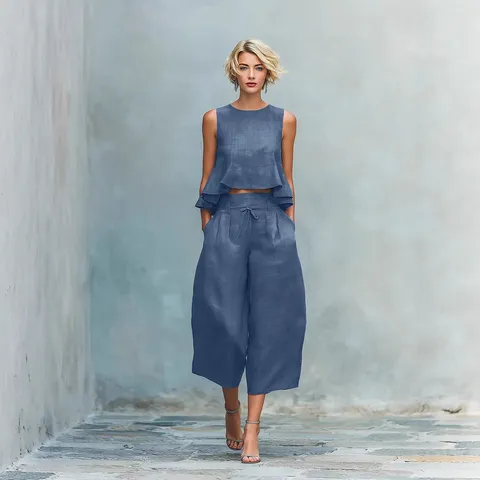 Women Casual Sleeveless Crop Top And High Waist Wide Leg Pants Solid Color Summer Outfit Top And Bottom