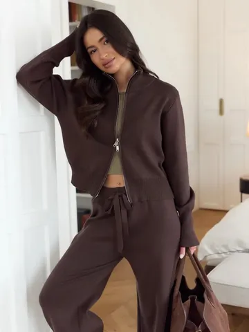 Ensemble Pull en Tricot Décontracté et Pantalon Large pour Femmes Couleur Unie Manches Longues Col Montant Double Fermeture Éclair Cardigan Tenue Deux Pièces