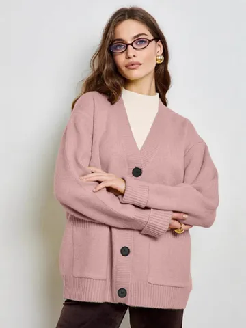 Cardigan de Punto Suelto Monotonos de Manga Larga con Cuello en V Casual para Mujer en Color Sólido Ropa de Abrigo de Otoño e Invierno