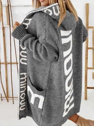 Damen Casual Langarm Mit Kapuze Strickjacke Lose Buchstabenmuster Offene Front Pullover Oberbekleidung Mantel