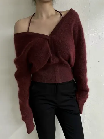 Women's Casual V-Neck Long Sleeve Pullover Knit Sweater Loose Fall Winter Basic Solid Color Top Wool Blend
