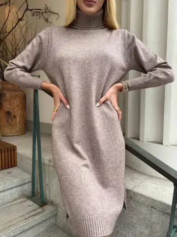 Abito Maglione in Maglia a Manica Lunga con Collo Alto Casual da Donna Tinta Unita Abito Pullover Midi Largo Abbigliamento Autunno Inverno