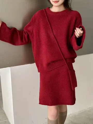 Women Korean Style Three Piece Knit Sweater And Mini Skirt Set With Pouch Long Sleeve Casual Outfit