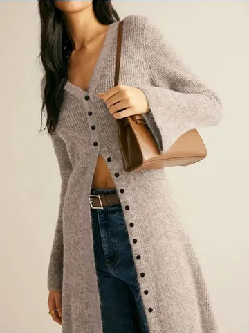 Damen Lange Gestrickte Strickjacke Herbst Winter Einfarbig Einreißig V-Ausschnitt Lässig Lose Langarm Pullover Mantel