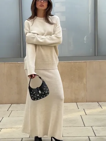 Women's Autumn Winter Casual Acrylic Blend Knitted Sweater And Midi Skirt Set Long Sleeve Pullover Matching Outfit