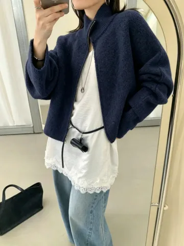 Damen Casual Herbst Winter Stehkragen Reißverschluss Strickjacke Einfarbig Langarm Lose Pullover Mantel