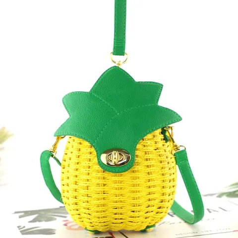 Women's Cute Pineapple Straw Woven Crossbody Bag Fashion Colorblock Casual Handbag Summer Vacation Beach Bag
