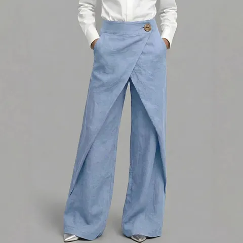 Damen Casual Hohe Taille Leinenmischung Gerade Hose Kreuz Vorne Design Lange Hosen Mode Trendig Tägliche Kleidung