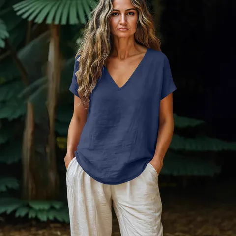 Women's Casual V-Neck Short Sleeve T-Shirt Loose Basic Solid Color Pullover Top