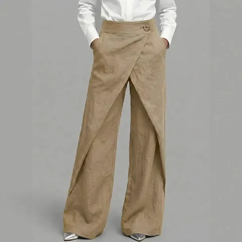 Damen Casual Hohe Taille Leinenmischung Gerade Hose Kreuz Vorne Design Lange Hosen Mode Trendig Tägliche Kleidung