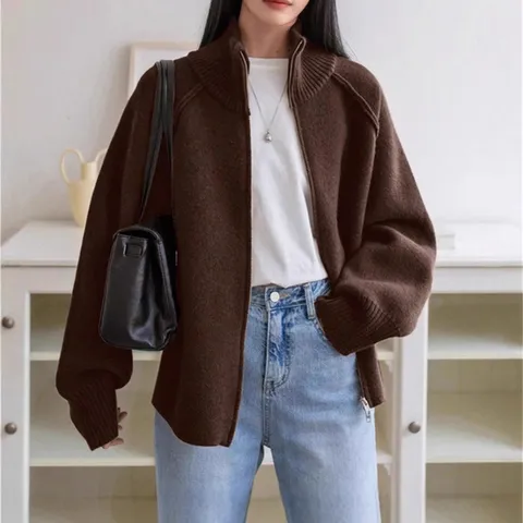 Women's Casual Knit Sweater Coat Fall Winter Solid Color Long Sleeve Mock Neck Full Zip Up Knitted Cardigan Outerwear Top