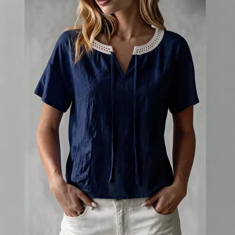 Women Casual Bamboo Cotton V-Neck T-Shirt Short Sleeve Loose Fit Lace Trim Bow Tie Elegant Summer Top