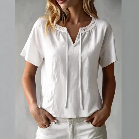Women Casual Bamboo Cotton V-Neck T-Shirt Short Sleeve Loose Fit Lace Trim Bow Tie Elegant Summer Top