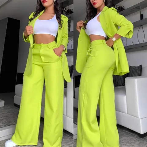 Women's Elegant Casual Solid Color Long Sleeve Lapel Blazer And Straight Leg Pants Suit Set