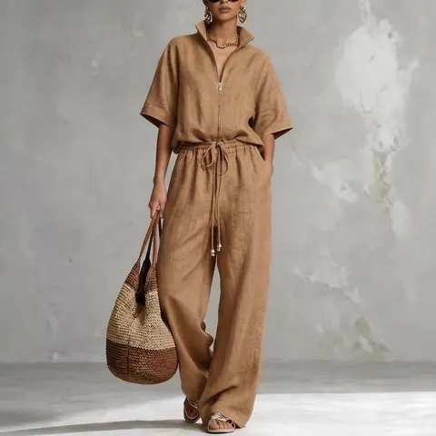 Women's Casual Summer Cotton Blend Two Piece Set Short Sleeve Stand Collar Top And Wide Leg Pants