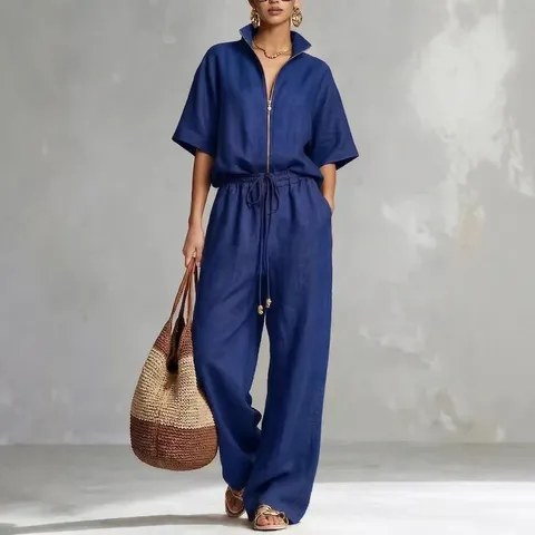 Women's Casual Summer Cotton Blend Two Piece Set Short Sleeve Stand Collar Top And Wide Leg Pants