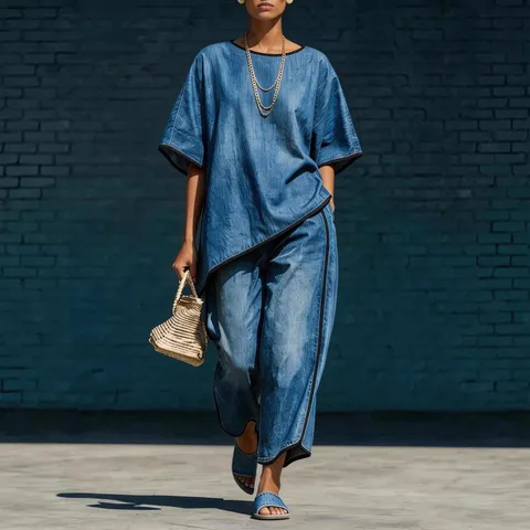 Women Casual Solid Color Loose Wide-Leg Pants Two-Piece Set Polyester Half Sleeve Top And Bottom Outfit