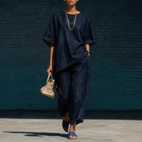 Women Casual Solid Color Loose Wide-Leg Pants Two-Piece Set Polyester Half Sleeve Top And Bottom Outfit