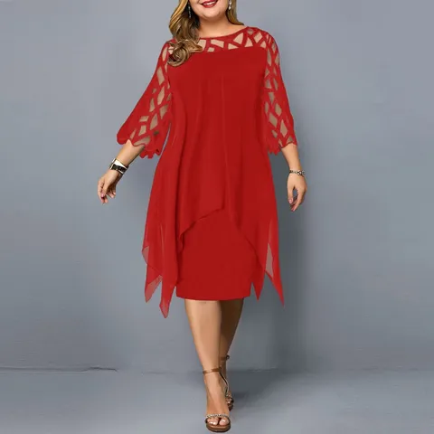 Women Plus Size Chiffon Dress Elegant Lace Patchwork Three-Quarter Sleeve Irregular Hem Casual Midi Dress For Women