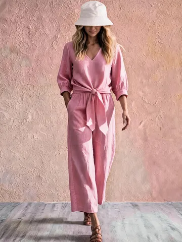 Women's Casual Two-Piece Pants Set Elegant V-Neck Lantern Sleeve Top And Long Pants Suit Spring Autumn Outfits