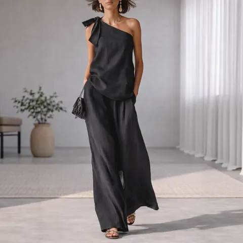 Women Casual Sleeveless One Shoulder Top And Wide Leg Pants Elegant Top And Bottom Summer Streetwear