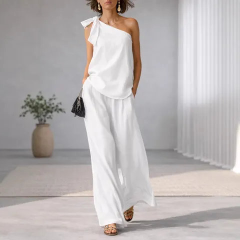 Women Casual Sleeveless One Shoulder Top And Wide Leg Pants Elegant Top And Bottom Summer Streetwear