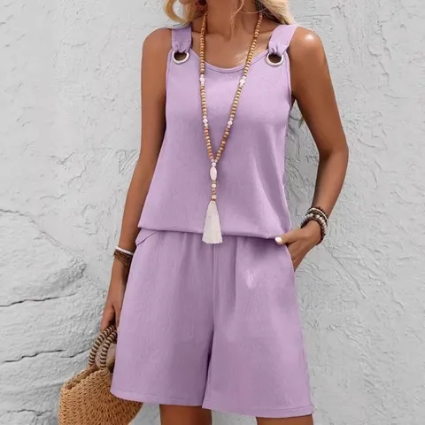Women's Casual Solid Color Sleeveless Top And Shorts Set Elegant Commute Two Piece Outfit