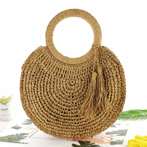 Borsa a Mano in Paglia Intrecciata Casual da Donna Borsa da Spiaggia Rotonda con Nappa Vacanza Estiva Elegante Borsa di Paglia