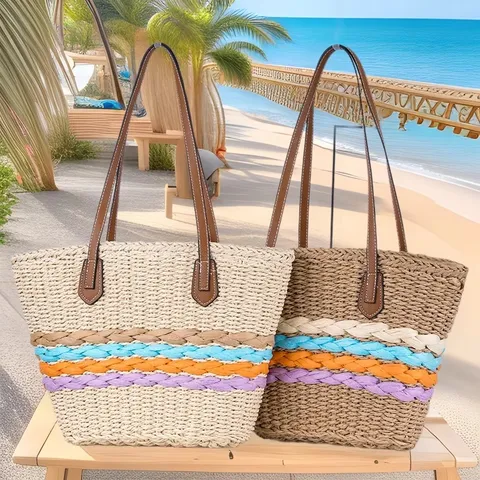 Women's Large Capacity Straw Woven Tote Bag Casual Colorful Stripe Paper Rope Shoulder Beach Bag Fashion Handbag