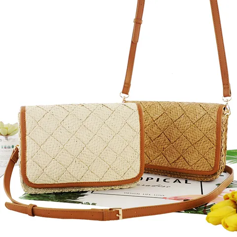 Women Fashion Straw Woven Crossbody Bag Paper Rope Diamond Plaid Shoulder Bag Casual Beach Handbag Purse