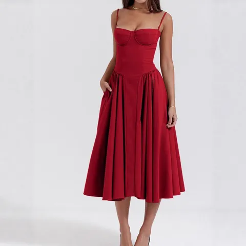 Elegant Polyester Corset Midi Dress For Women Vintage Solid Color Spaghetti Strap High Waist Flared Skirt Summer Vacation Dress