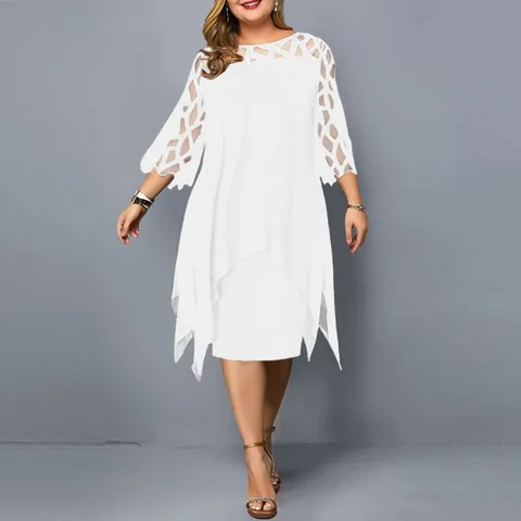 Women Plus Size Chiffon Dress Elegant Lace Patchwork Three-Quarter Sleeve Irregular Hem Casual Midi Dress For Women