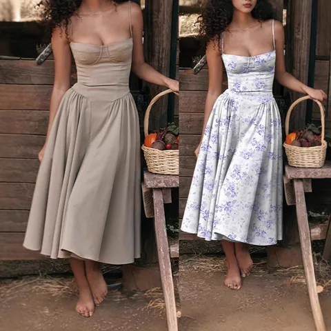 Elegant Polyester Corset Midi Dress For Women Vintage Solid Color Spaghetti Strap High Waist Flared Skirt Summer Vacation Dress