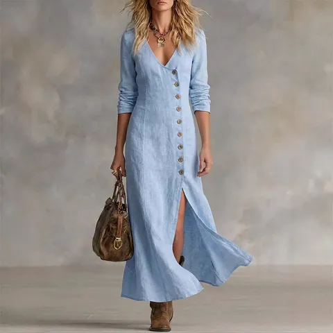 Damen Casual Baumwollmischung Langarm V-Ausschnitt Bodycon Maxikleid Einffarbig Elegant Slim Fit Frühling Sommer Kleid